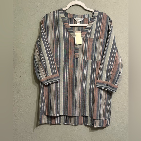 NWT Christopher & Banks Blouse Women's  Blue Striped 3/4 Sleeve V-neck - Picture 1 of 9